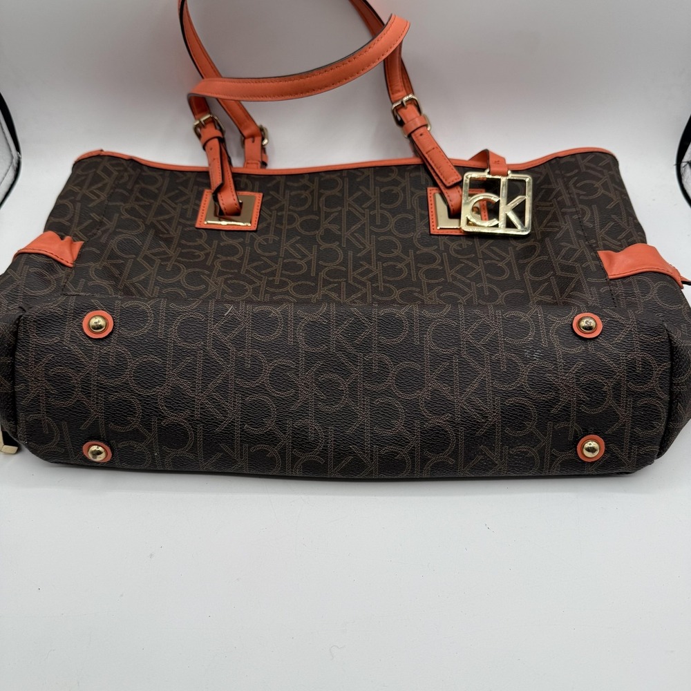 Calvin Klein Tote Bag Womens Large Brown Orange Logo Monogram Shoulder Purse CK - Picture 3 of 11